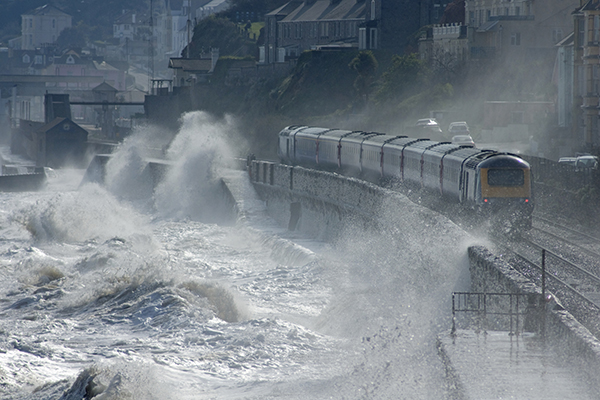 Waves overtopping the sea wall at Dawlish