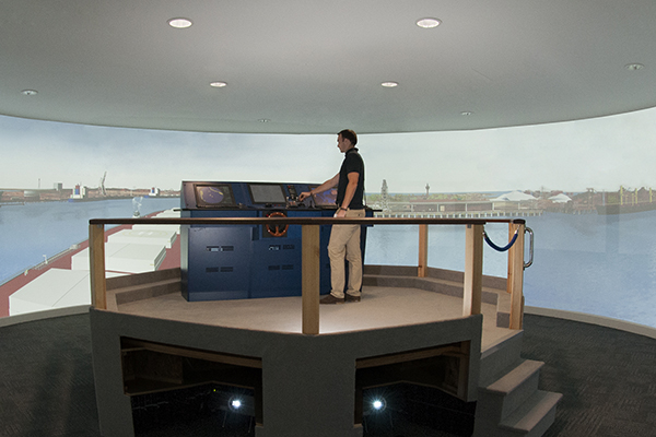 View inside the UK Ship simulator with screens