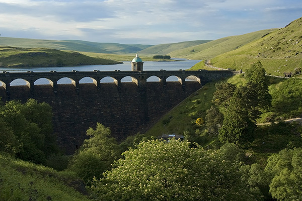 Aerial of reservoir behind Elan Valley dam in the UK