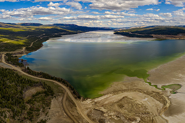 Aerial view of a reservoir with water