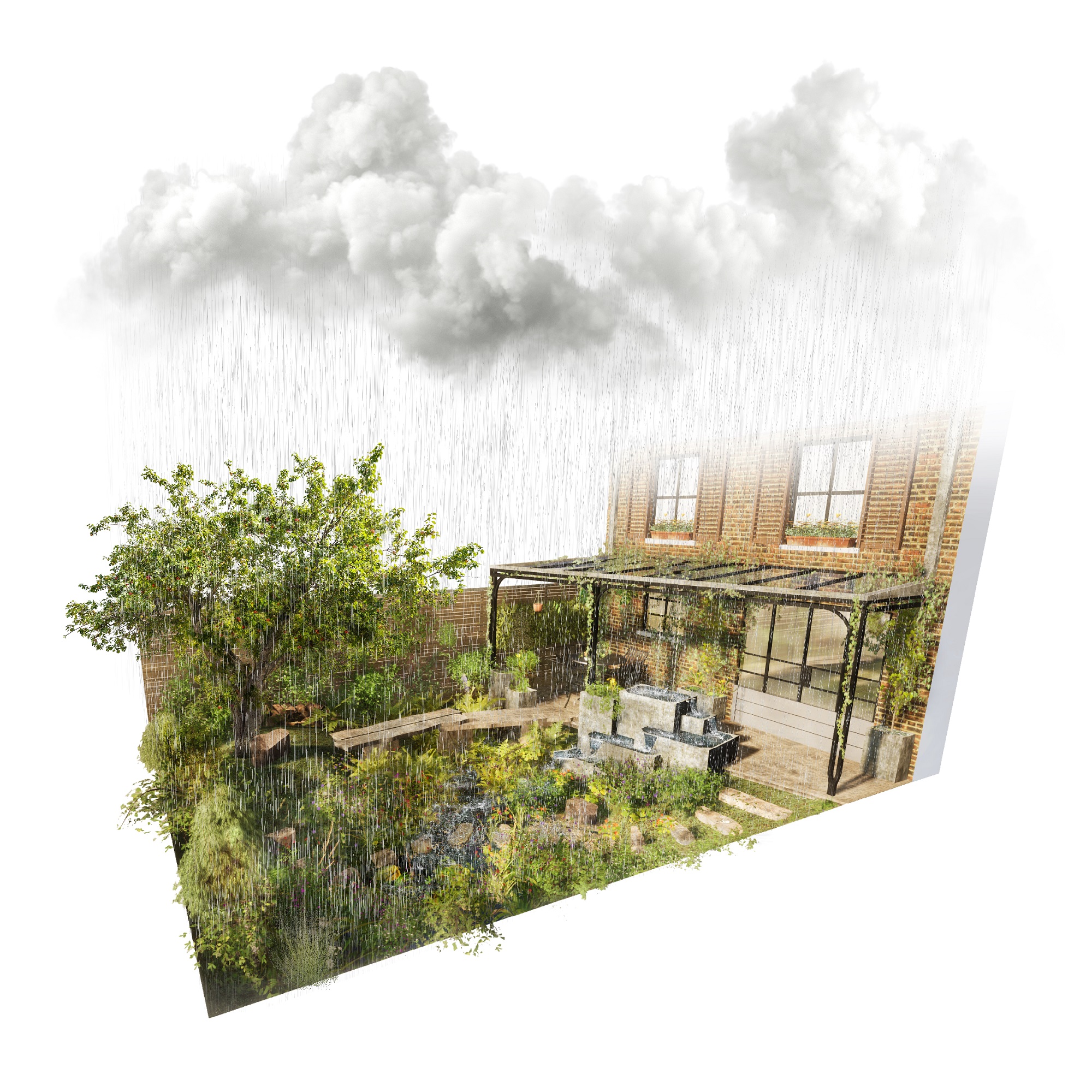 Artistic view of the Flood resilient garden rain