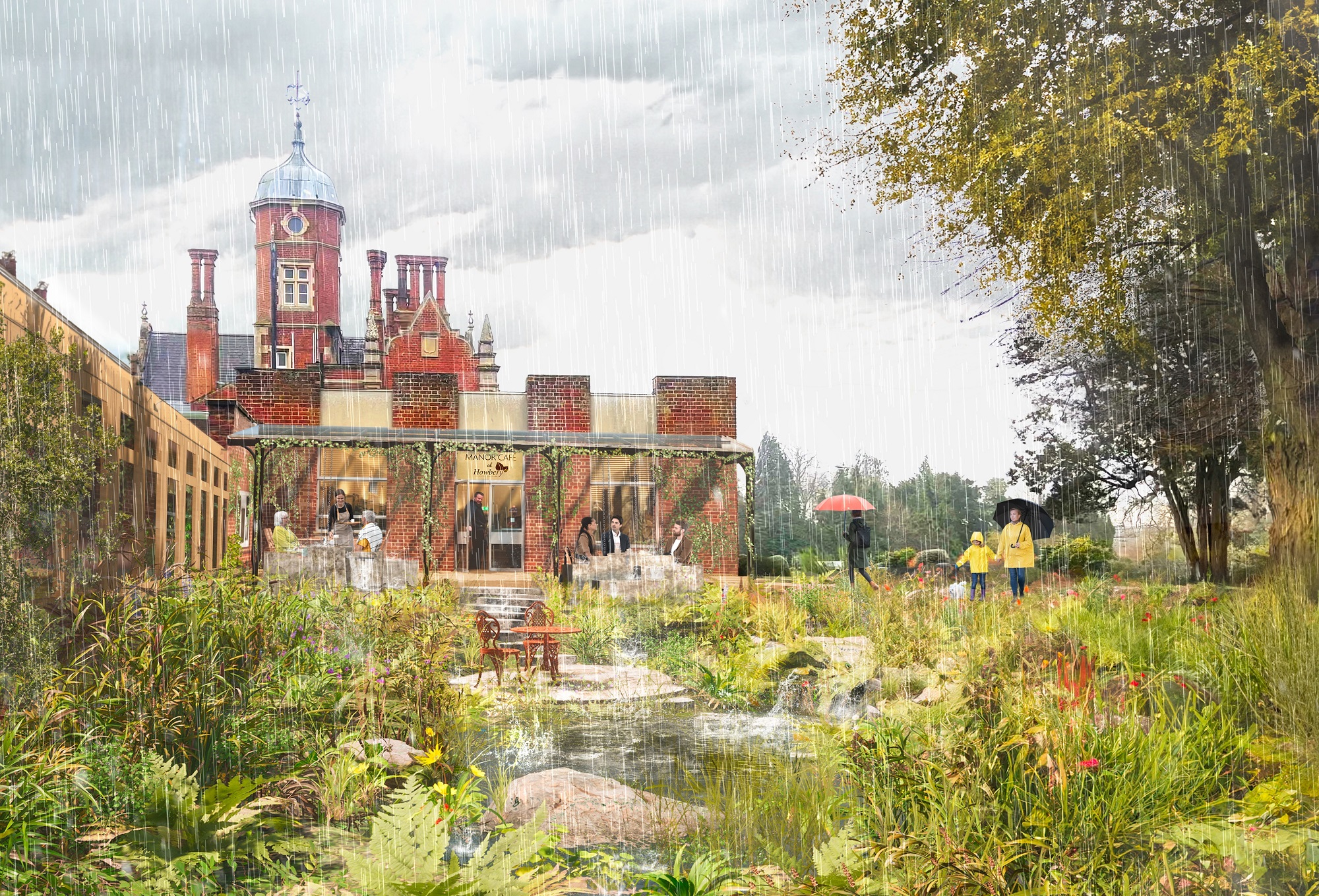 View of a flood resilient garden under rainy day