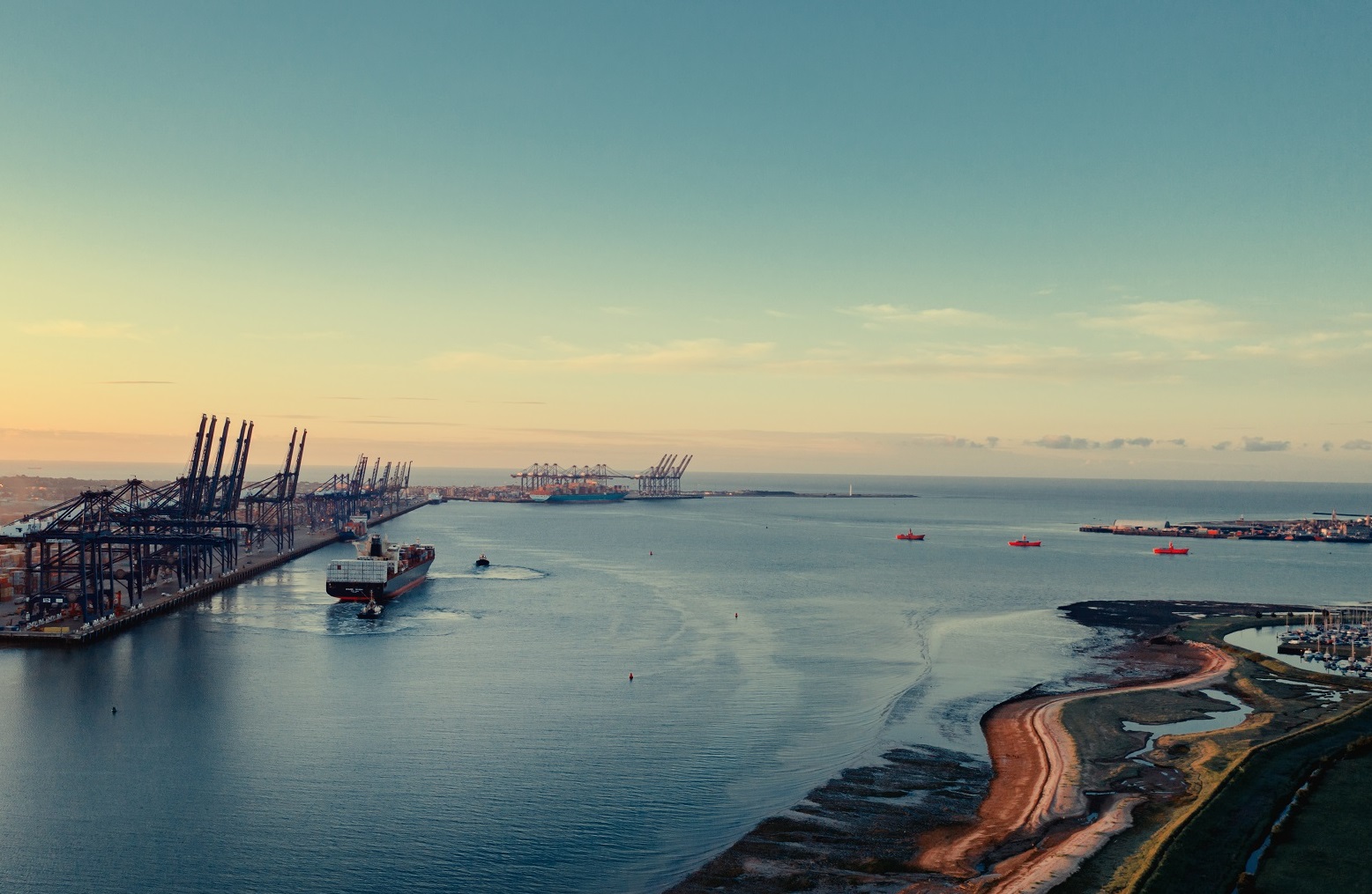 Aerial view of Felixstowe at sunrise, showcase of nature positive dredging
