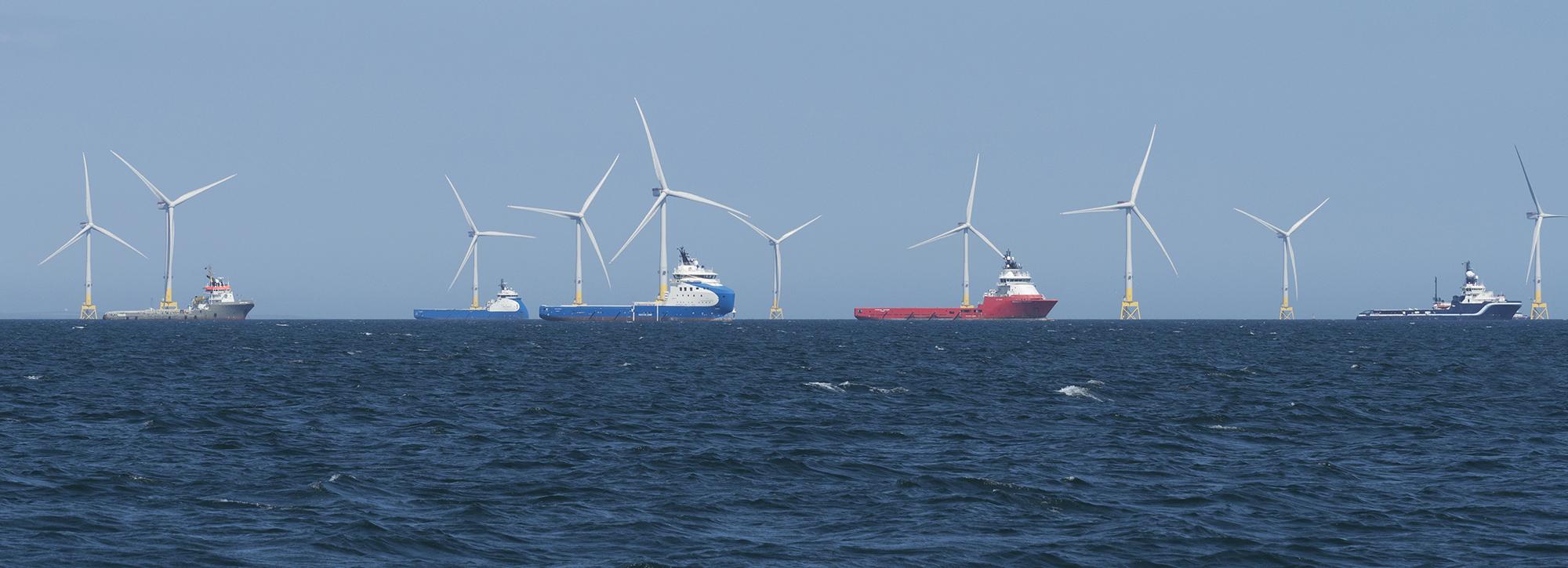 Panoramic view of offshore windfarms for renewable energy