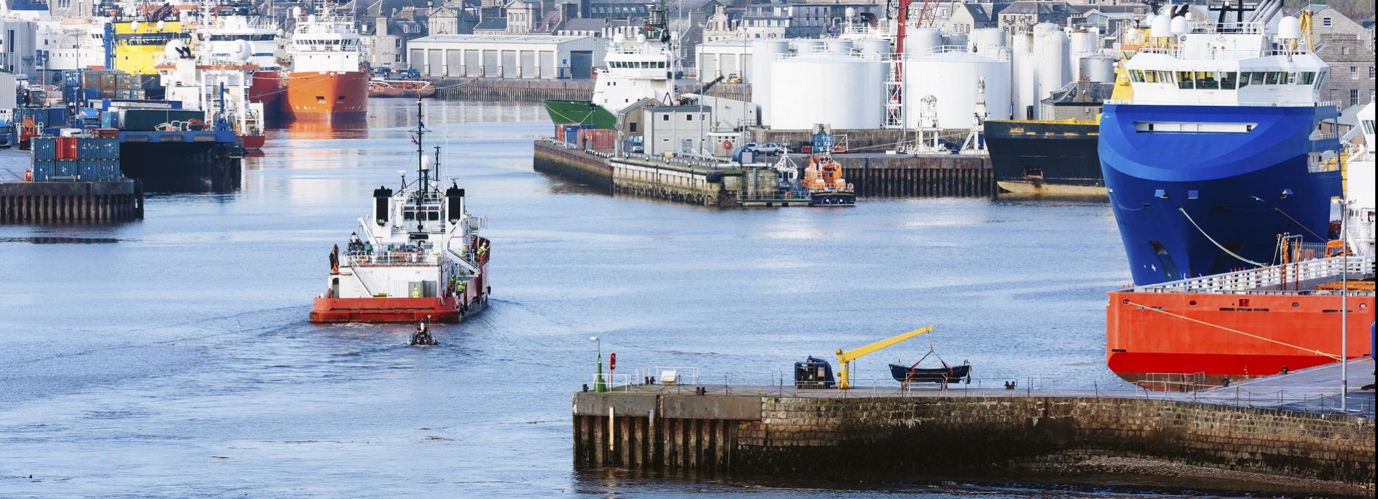 View of the Port of Aberdeen with shipped vessels and boats