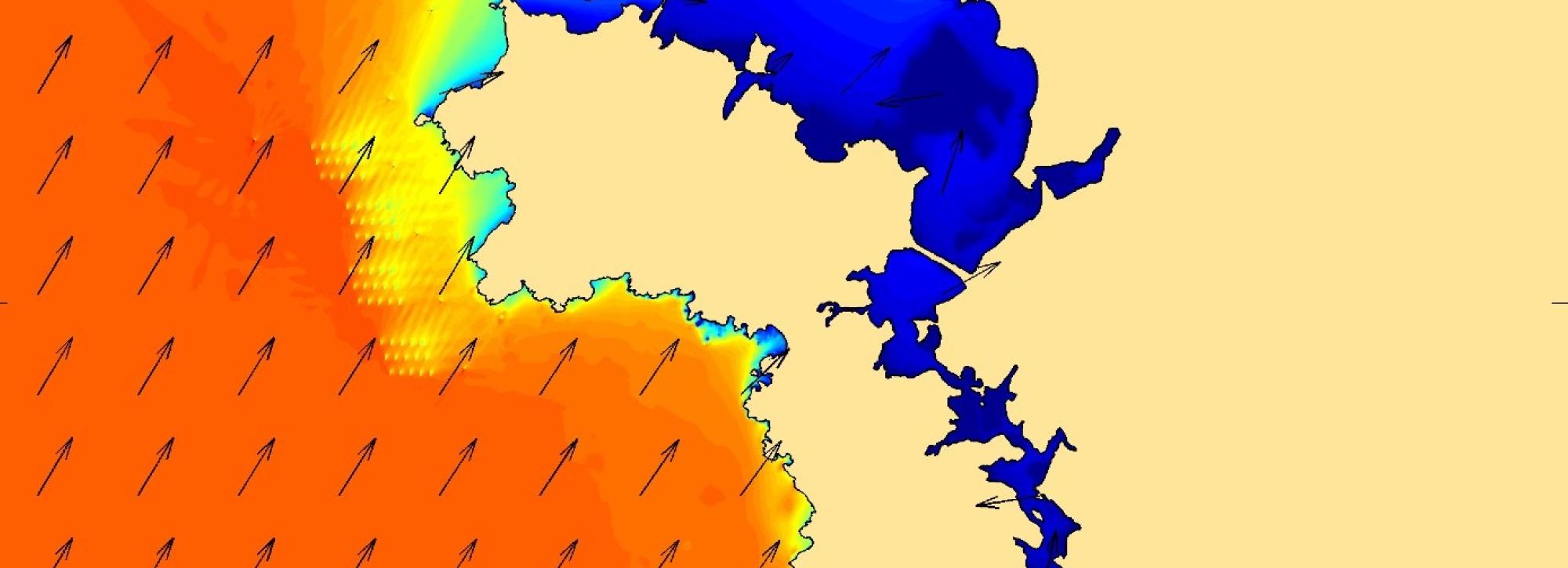 Screenshot of wave modelling in Telemac with orange, yellow and blue colours