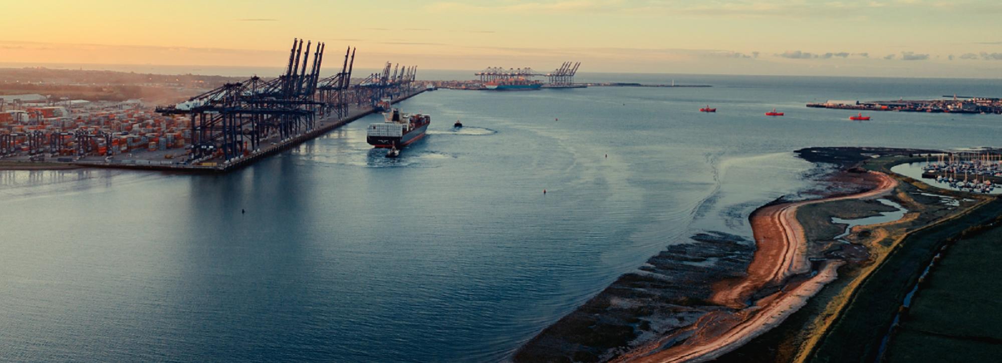 Aerial view of Felixstowe at sunrise, showcase of nature positive dredging