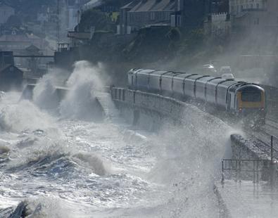 Waves overtopping the sea wall at Dawlish