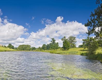 View of wide freshwater river with green river banks