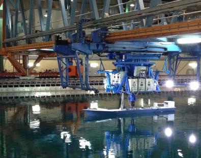 View of a towing carriage above physical models