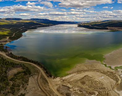 Aerial view of a reservoir with water