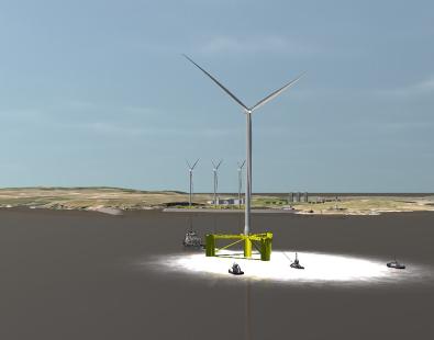 screenshot of computer image of floating wind turbine in sea