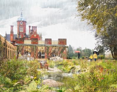 View of a flood resilient garden under rainy day
