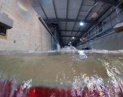 Simulated tsunami wave breaking in our labs