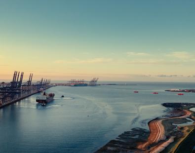Aerial view of Felixstowe at sunrise, showcase of nature positive dredging
