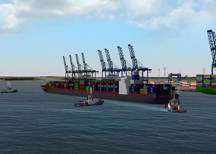 Computer simulation view of Felixstowe port simulation, UK