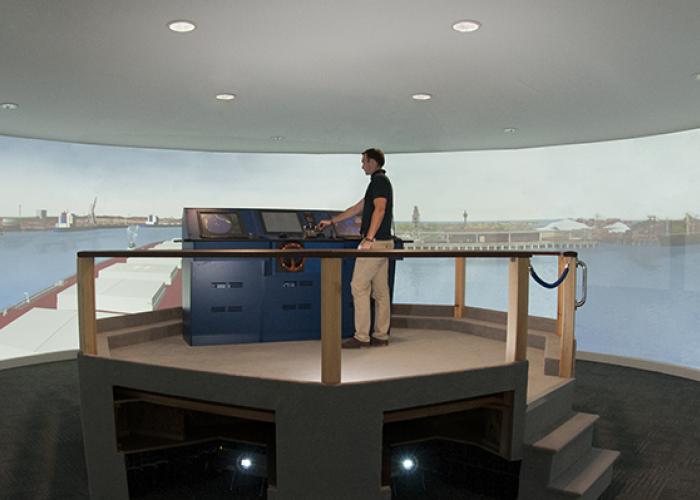 View inside the UK Ship simulator with screens