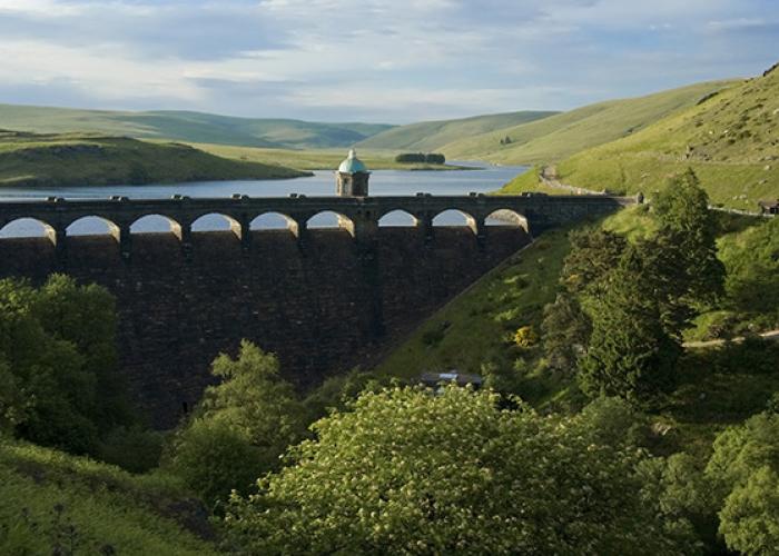 Aerial of reservoir behind Elan Valley dam in the UK