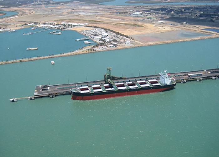 Aerial view of a LNG ship moored at marine facilities beth