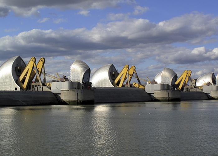 Panoramic view of the Thames Barrier Flood Gates in London UK
