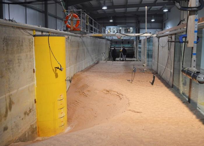 View of physical model set up to test scour protection