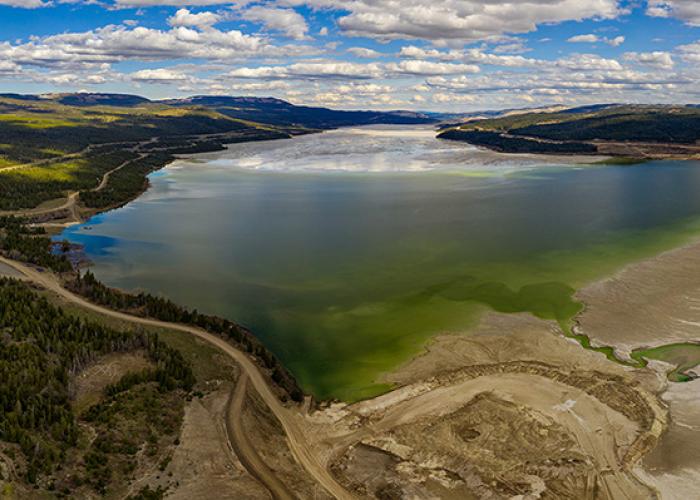 Aerial view of a reservoir with water