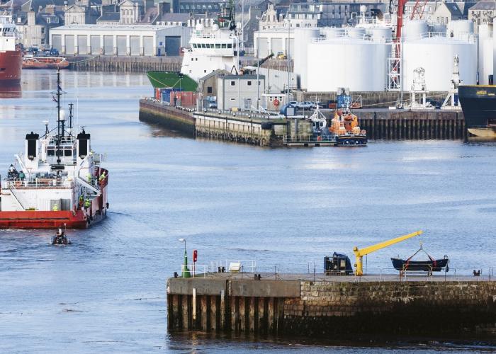 View of the Port of Aberdeen with shipped vessels and boats