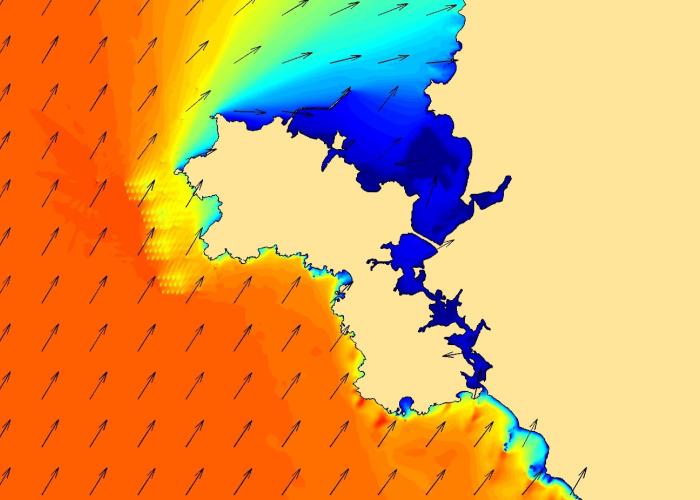 Screenshot of wave modelling in Telemac with orange, yellow and blue colours