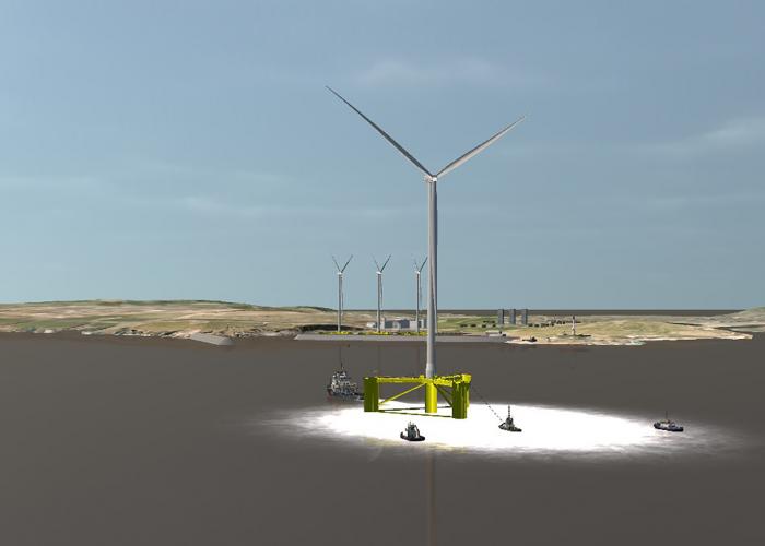 screenshot of computer image of floating wind turbine in sea