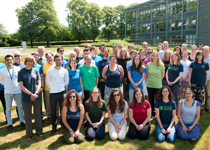 Group of people working for HR Wallingford posing in front of main building on green grass on a sunny day