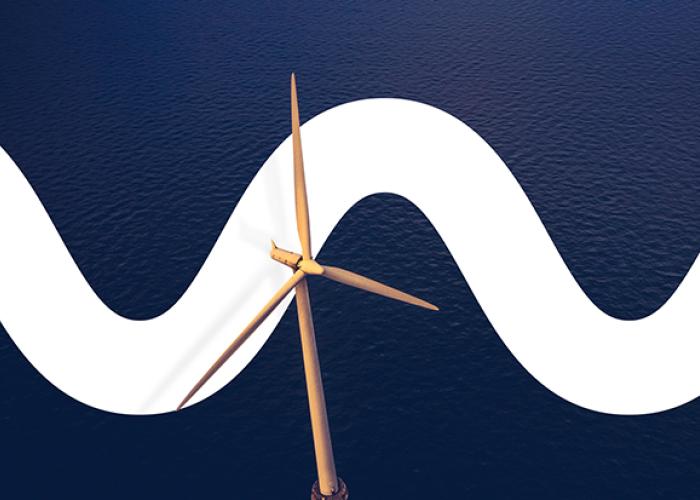 View of offshore windmill on HR Wallingford logo on blue background