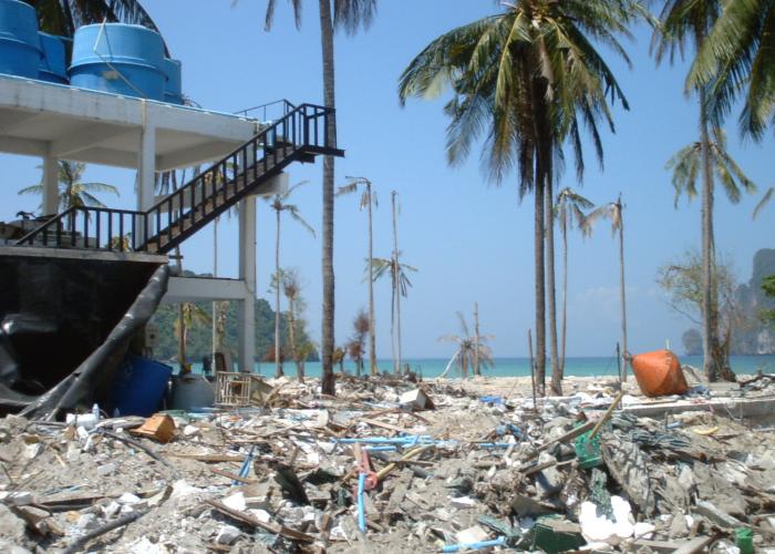 View of a beach after tsunami with debris