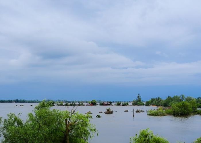 View of flooded area after breach of dam Kakhovka, Ukraine