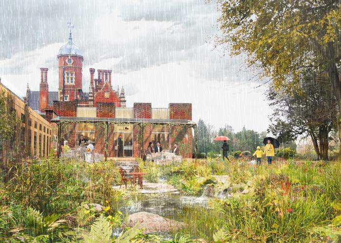 View of a flood resilient garden under rainy day