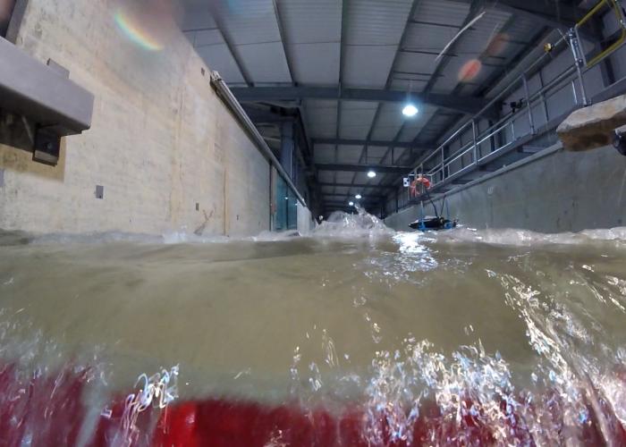Simulated tsunami wave breaking in our labs