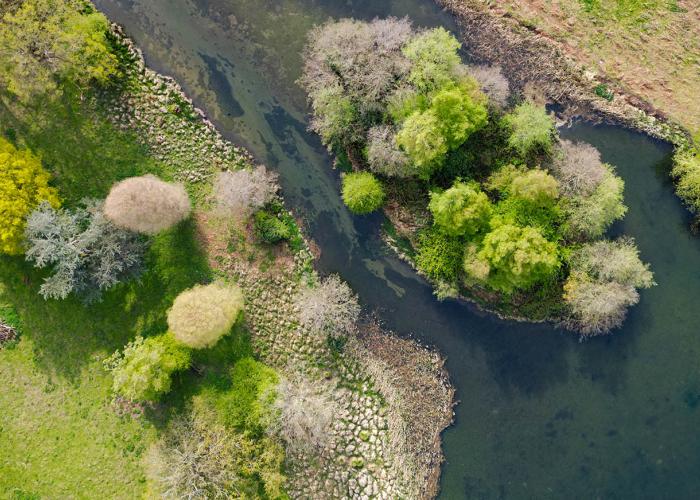 Aerial view of a meandering river