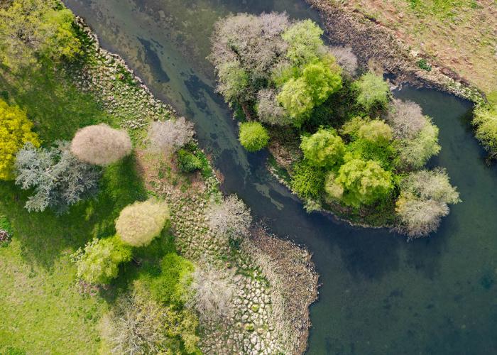 Aerial view of a meandering river