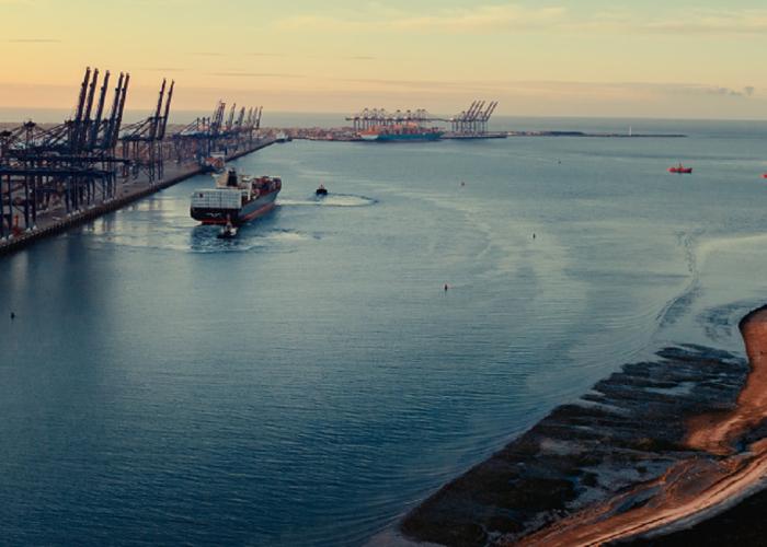 Aerial view of Felixstowe at sunrise, showcase of nature positive dredging
