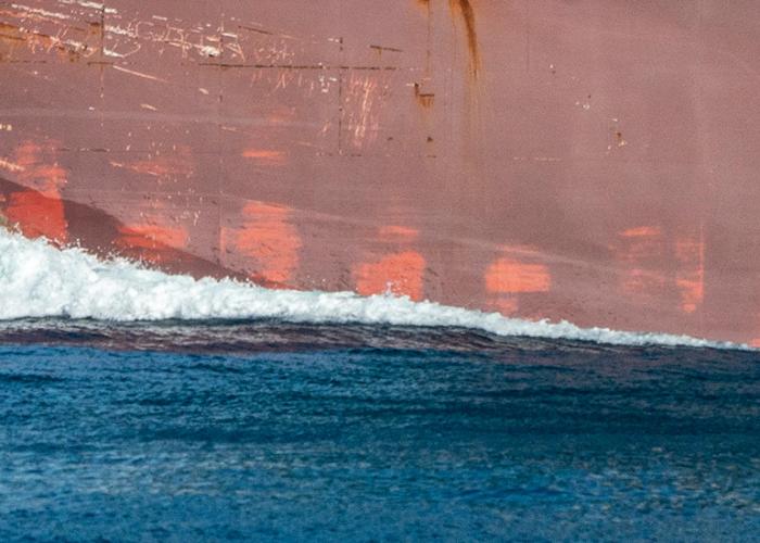 dolphin swimming next to big ship 