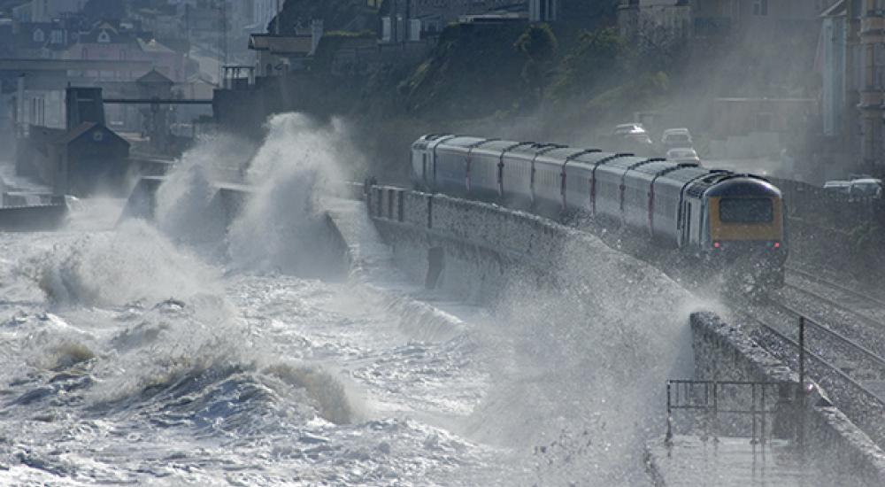 Waves overtopping the sea wall at Dawlish