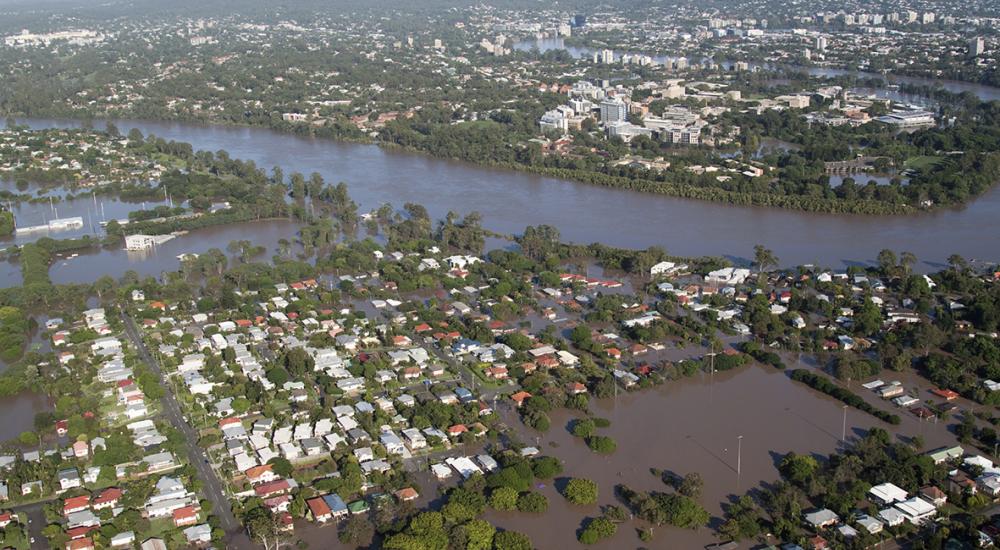 An aerial view of the 2011 floods in Brisbane Australia