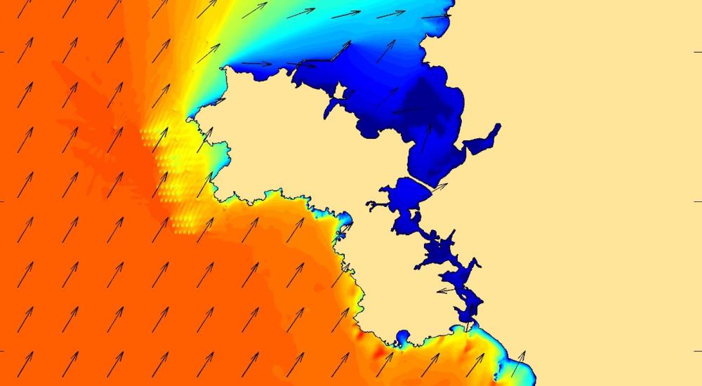 Screenshot of wave modelling in Telemac with orange, yellow and blue colours