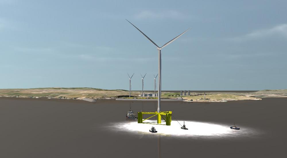 screenshot of computer image of floating wind turbine in sea