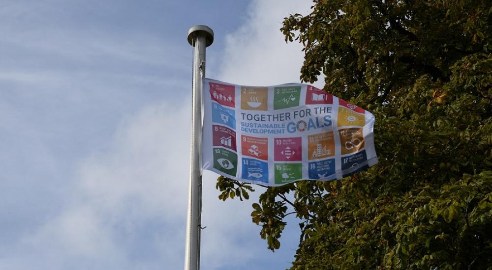 SDG Flag flying next to green tree tops