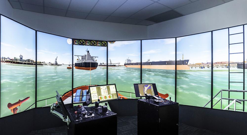 View of inside Australia Ship simulator with full bridge