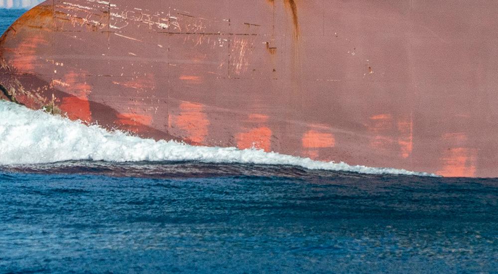 dolphin swimming next to big ship 