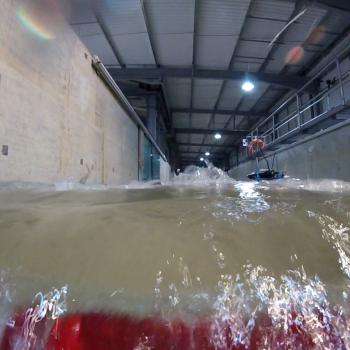 Simulated tsunami wave breaking in our labs