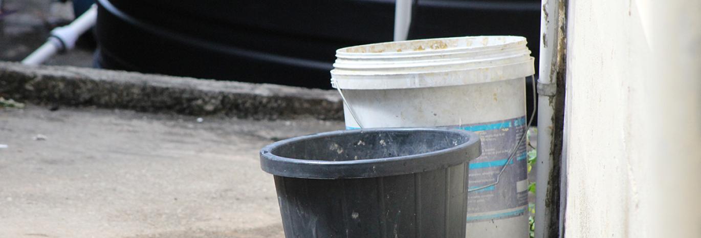 Buckets of water to show water supplies issue in the Caribbean
