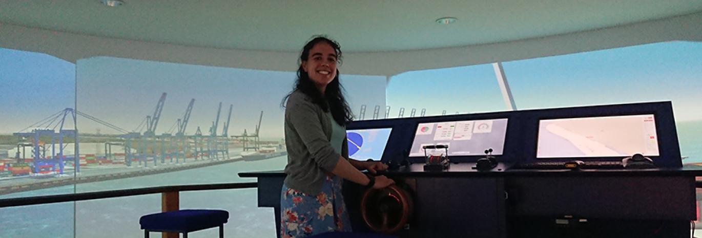 Female engineer, Jess Carter, at the commands of our Ship Simulator