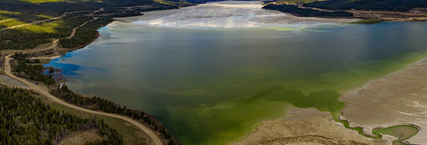 Aerial view of a reservoir with water